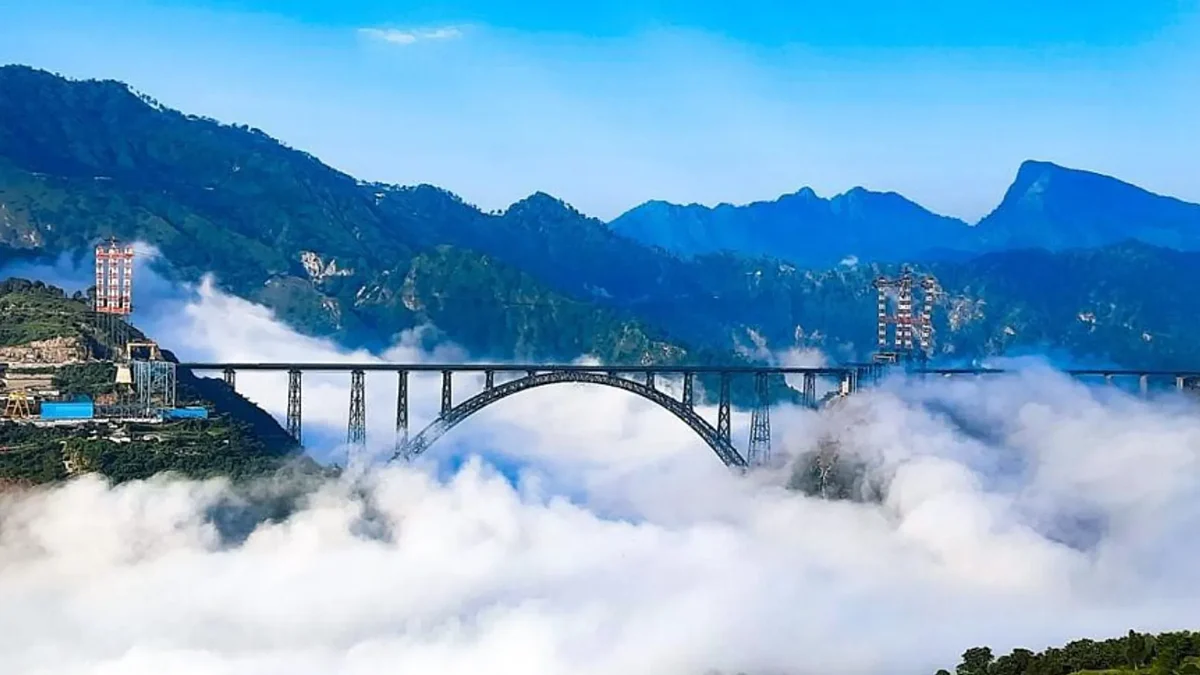 The World's highest railway bridge called the Chenab Rail Bridge in Dharot, Jammu, and Kashmir