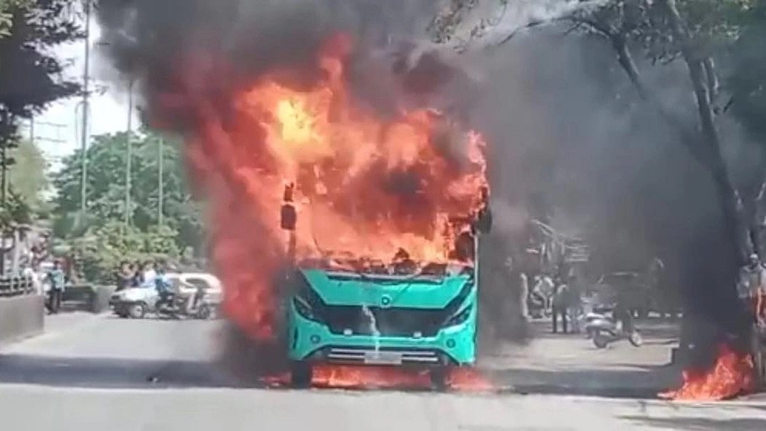 Indore: Private bus catches fire at petrol pump; driver & helper injured,  video surfaces
