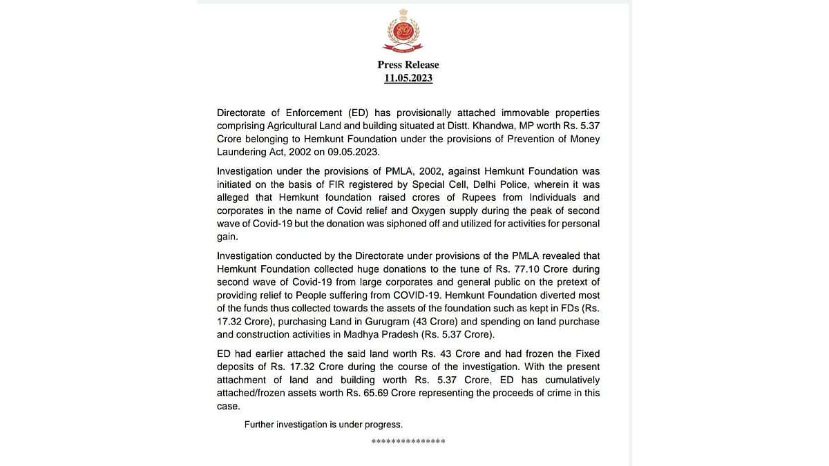 MP: ED attaches assets worth Rs 5.37 cr of Hemkunt Foundation in Khandwa - Vimarsana News