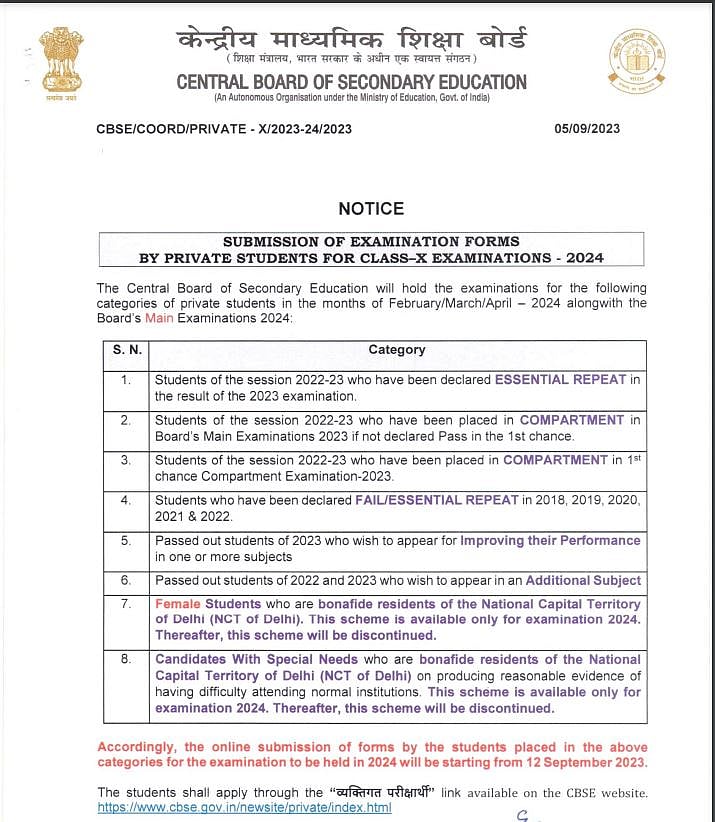 CBSE Board Exams 2024 Registration For Class 10, 12 Private Candidate