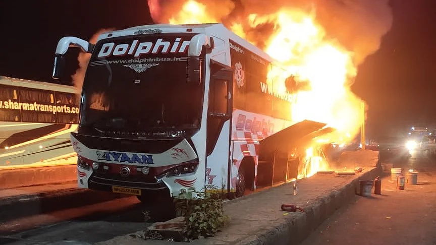 30 Haj Pilgrims Narrowly Escape Death As Private Bus To Mumbai Catches Fire Near Karad; Visuals...