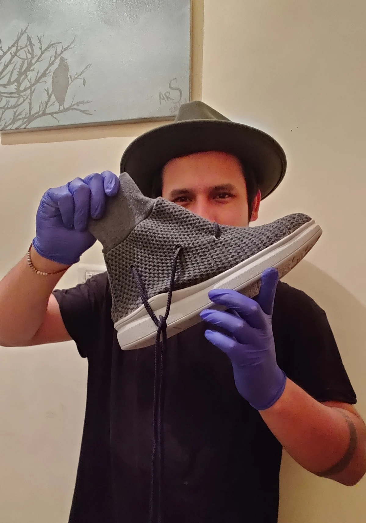 A sneaker made out of an old pair of joggers on a livestream workshop hosted by Arghadeep Sarma on Instagram