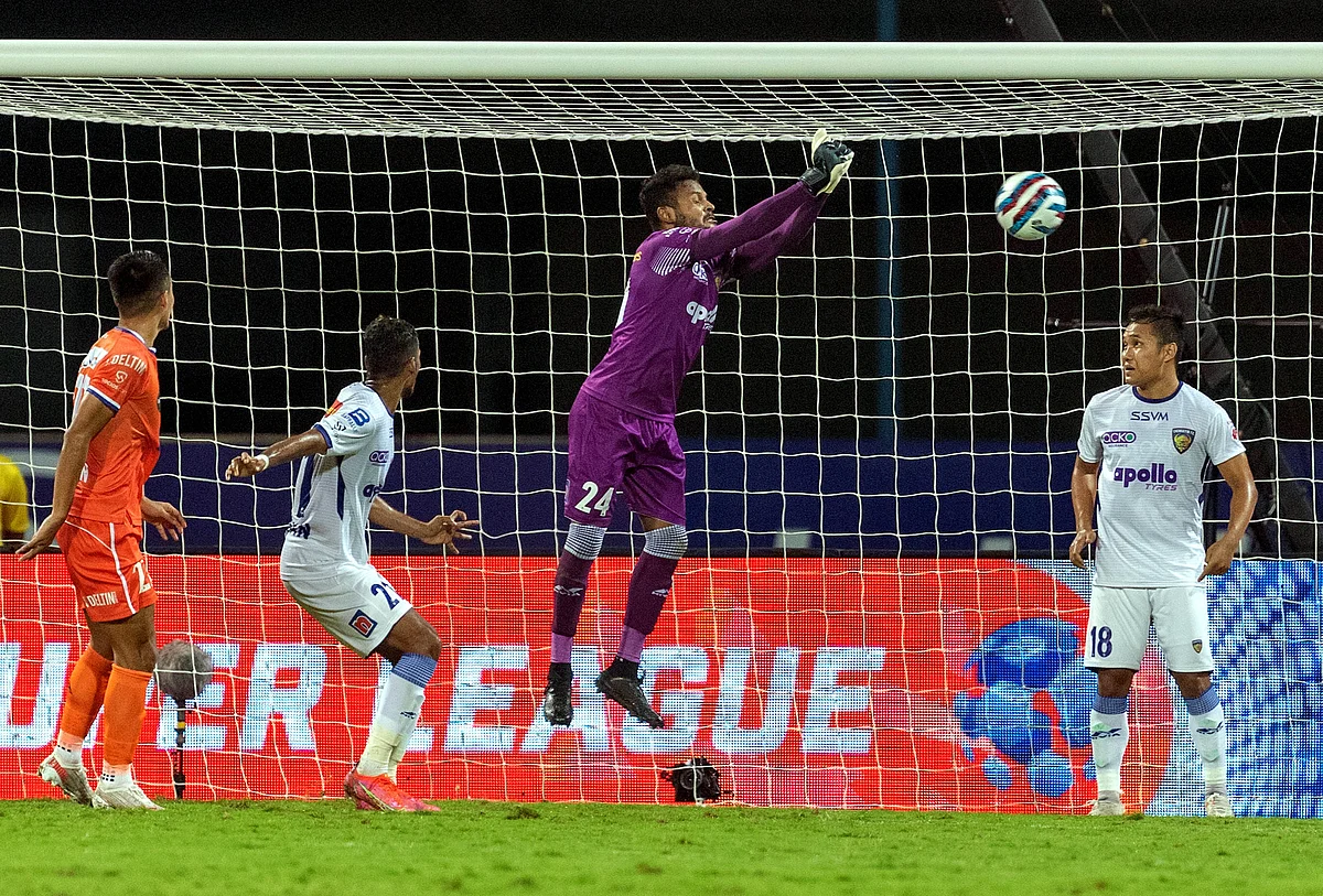 <div class="paragraphs"><p>Majumder, goalkeeper of Chennaiyin FC, defends a corner kick during match 54 of season 8 of Indian Super League football tournament between FC Goa and Chennaiyin FC, at the GMC Athletic Stadium</p></div>