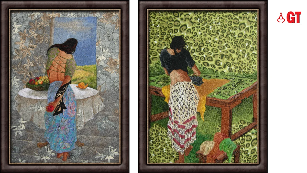 Paintings in thread by Liesel Cotta de Souza. 'Eva' (left) & 'And the creases all done' (right)