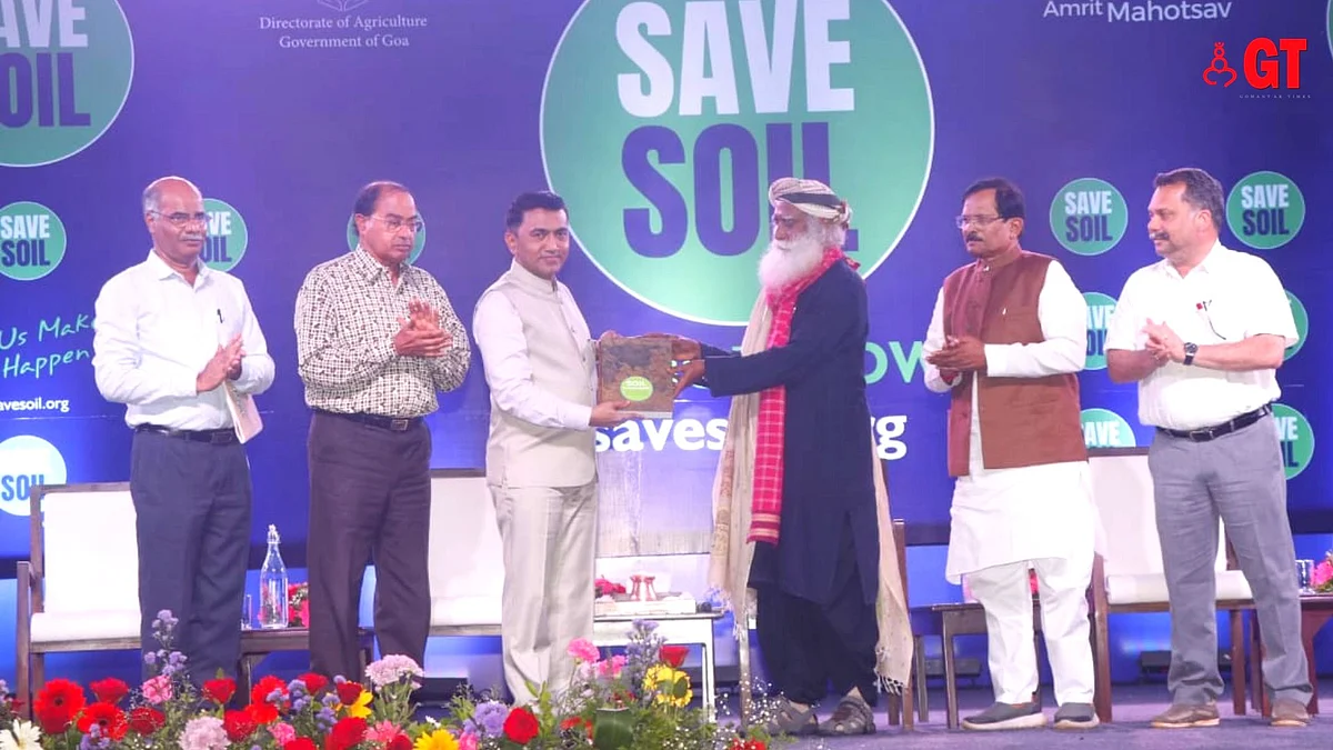 Yogi and mystic, Sadhguru, handed over a handbook of the Save Soil Policy to Goa's Chief Minister, Pramod Sawant