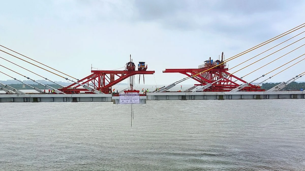 The closure segment of the cable-stayed new Zuari bridge in place on Tuesday completing the connectivity.