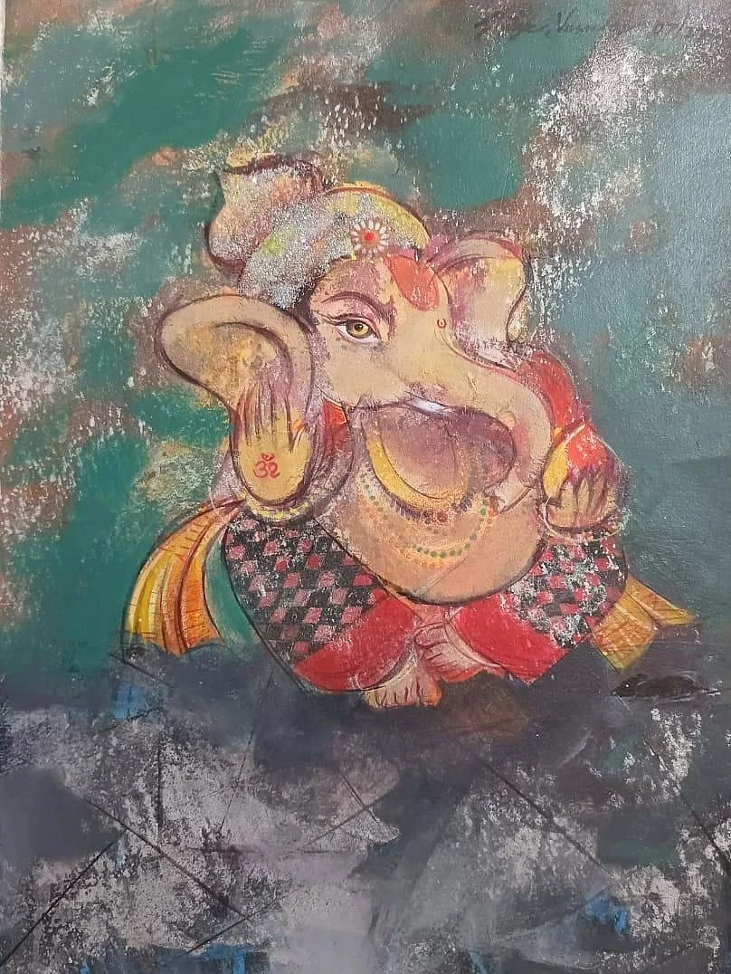 An artwork by artist Vasudev Shetye at the on-going art show, ‘Aham Brahmasmi’, in Panjim