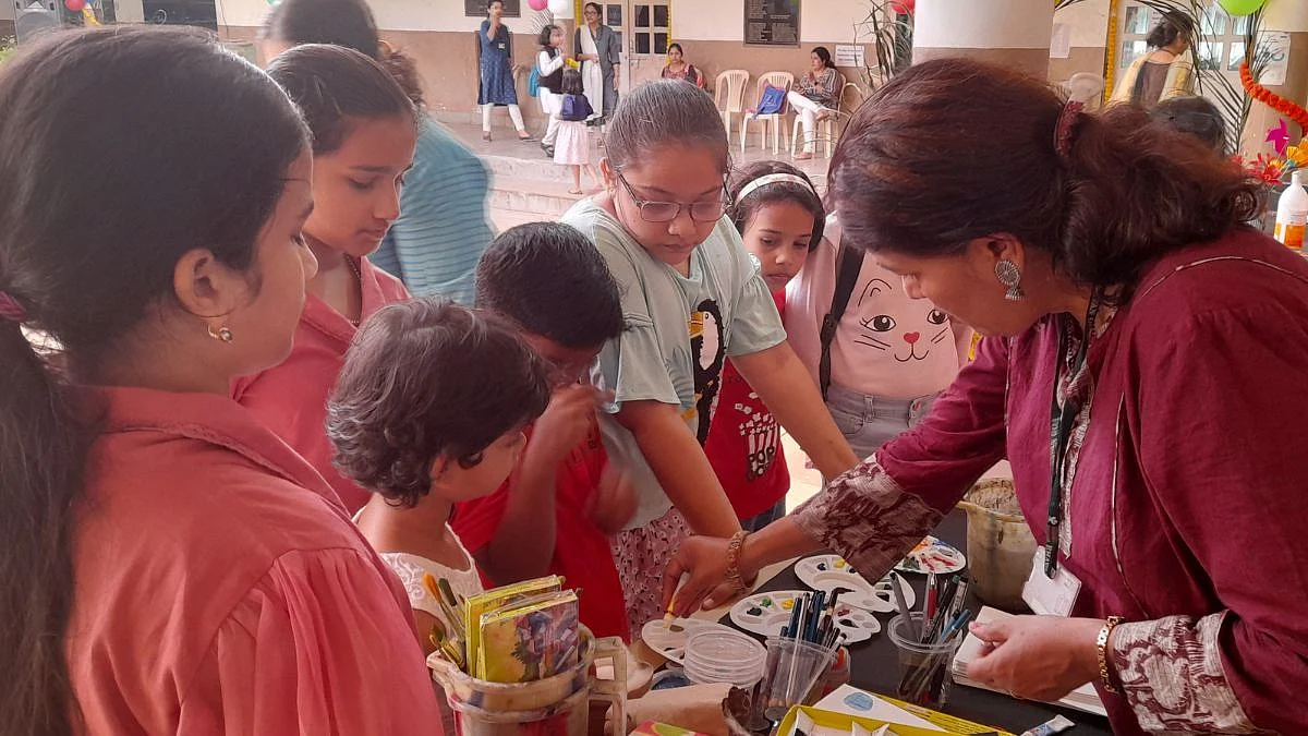 ART FORM: Drawing teacher Trupti Veluskar interacting with children through colour at the Bal Bhavan in Campal.