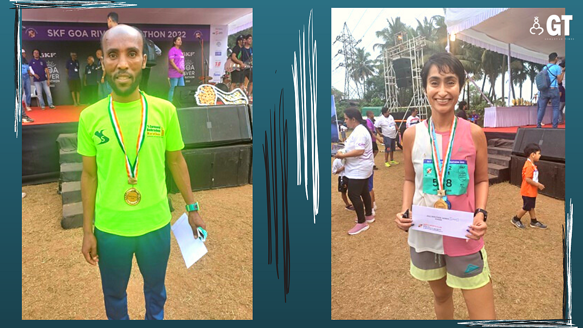 Adinew Mekonnen of Ethiopia, winner of men's 42 km race and Satovisha Samajdar, winner of women's 42 km race at the 12th SKF Goa River Marathon.