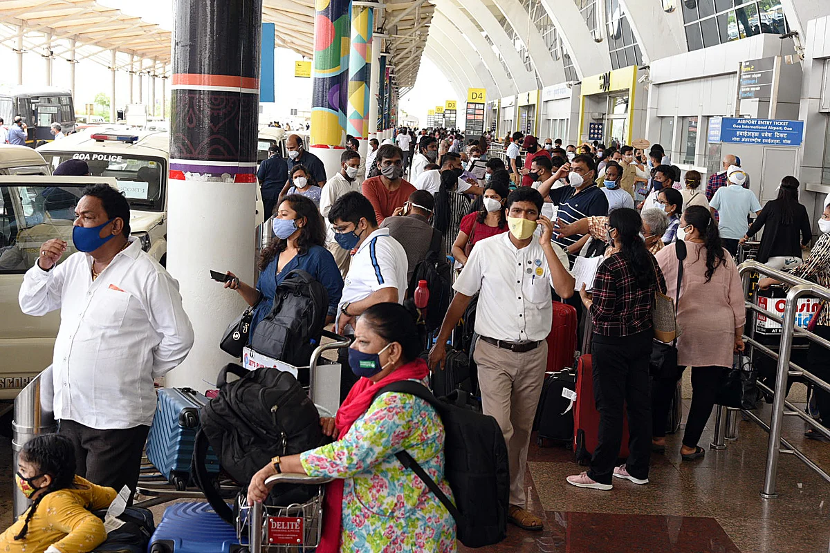 Domestic tourists arrive at Dabolim airport in Goa when when inter-state movement was resumed post-pandemic.