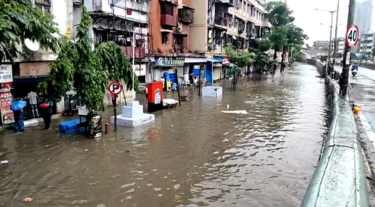 A view of a waterlogged road after heavy rainfall in Mumbai on Friday.