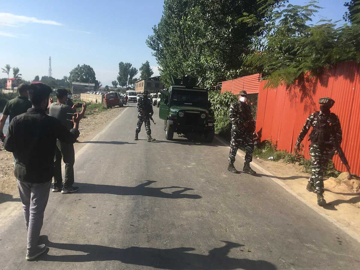 Security forces at the site of fatal attack on BJP Sarpanch, his wife in south Kashmir's Anantnag on Monday, August 9, 2021.