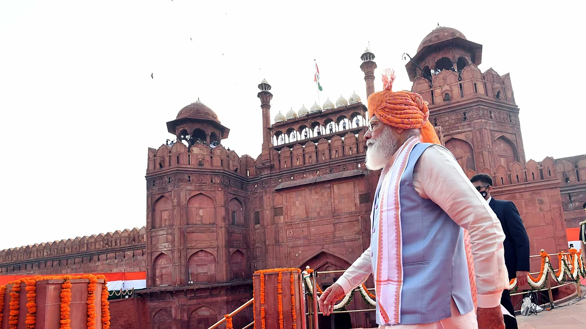 PM Modi at the Red Fort in New Delhi on the occasion of 75th Independence Day on Sunday August 15, 2021.