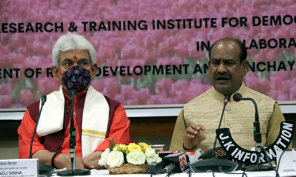Lok Sabha speaker Om Birla along with Jammu and Kashmir Lieutenant Governor Manoj Sinha addresses a press conference during Parliamentary outreach program for the empowerment of panchayat Raj institutions, in Srinagar on Tuesday.