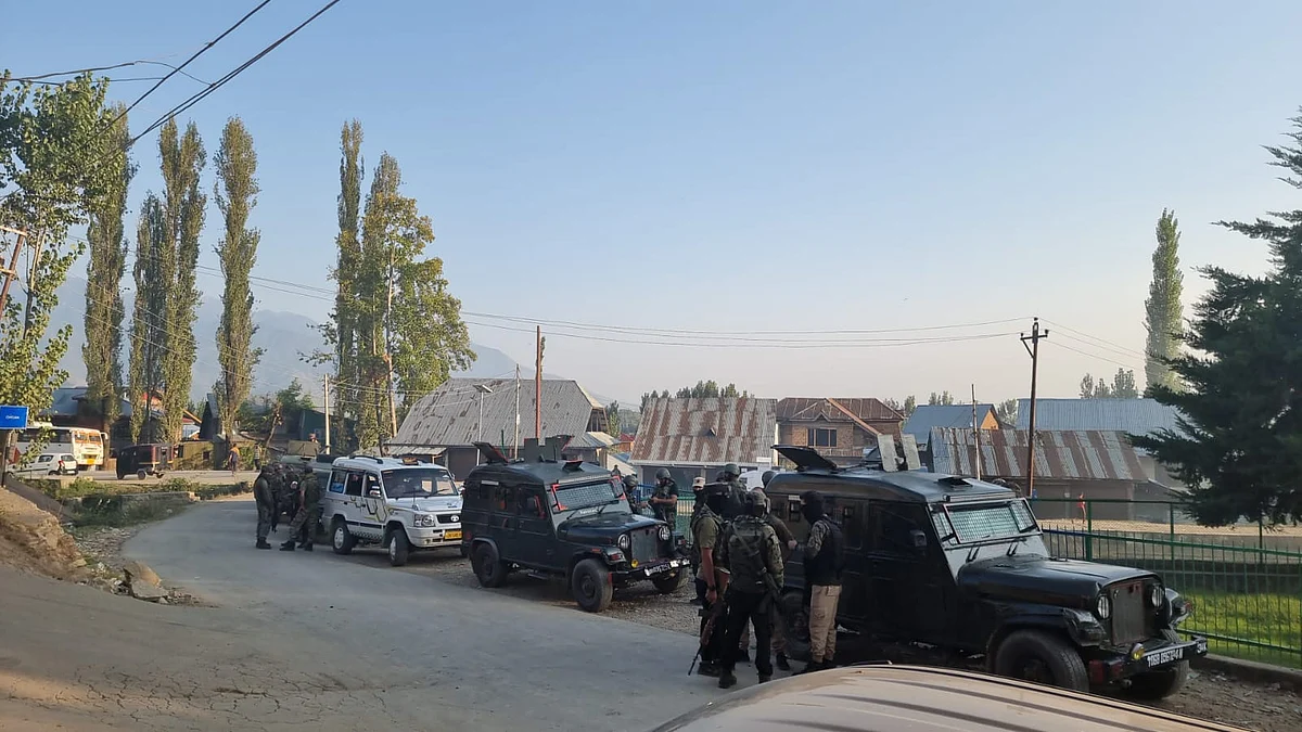 Security forces on standby during a cordon and search operation in Onagam village of north Kashmir's Bandipora on Wednesday September 29, 2021.