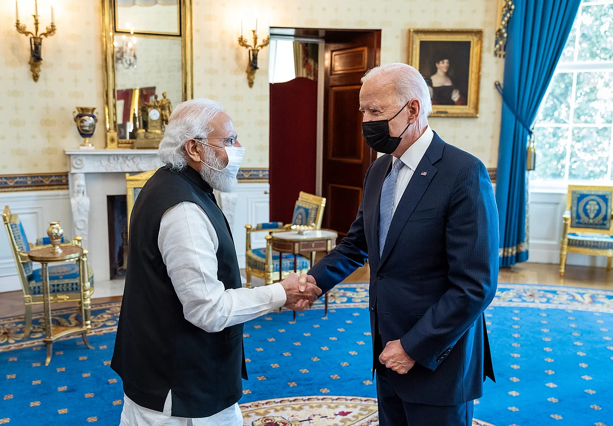 Prime Minister Narendra Modi exchanges greetings with US President Joe Biden at the White House, in Washington DC on Friday.