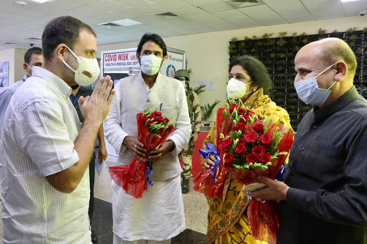 Gandhi was received at the airport by senior Congress leaders led by Jammu and Kashmir Congress Committee president Ghulam Ahmad Mir.