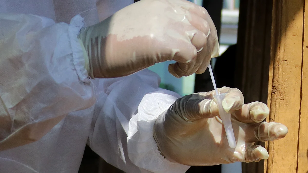 A health worker collects swab sample of a tourist for COVID-19 testing at Tangmarg on way to tourist resort Gulmarg in north Kashmir's Baramulla district.
