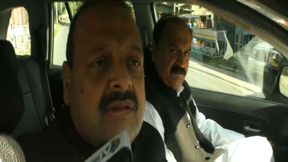 Provincial President Jammunof the National Conference, Devender Singh Rana talking to the media after meeting Farooq Abdullah and Omar Abdullah in Srinagar on Wednesday, October 6, 2021.