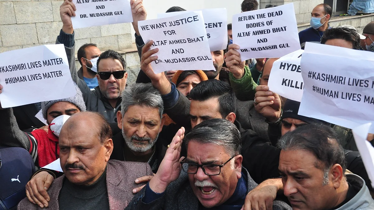 PC leaders hold a protest in Srinagar to demand bodies of civilians killed in Hyderpora.