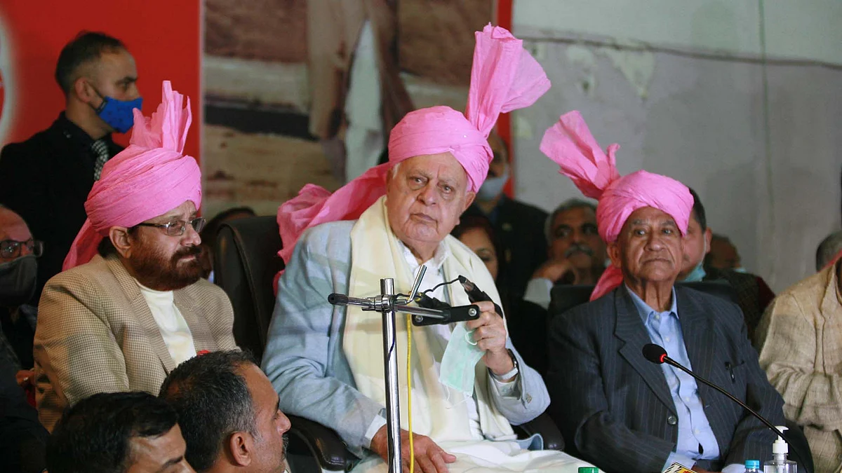 NC President, Farooq Abdullah addressing a day-long party convention in Jammu on Tuesday December 7, 2021.