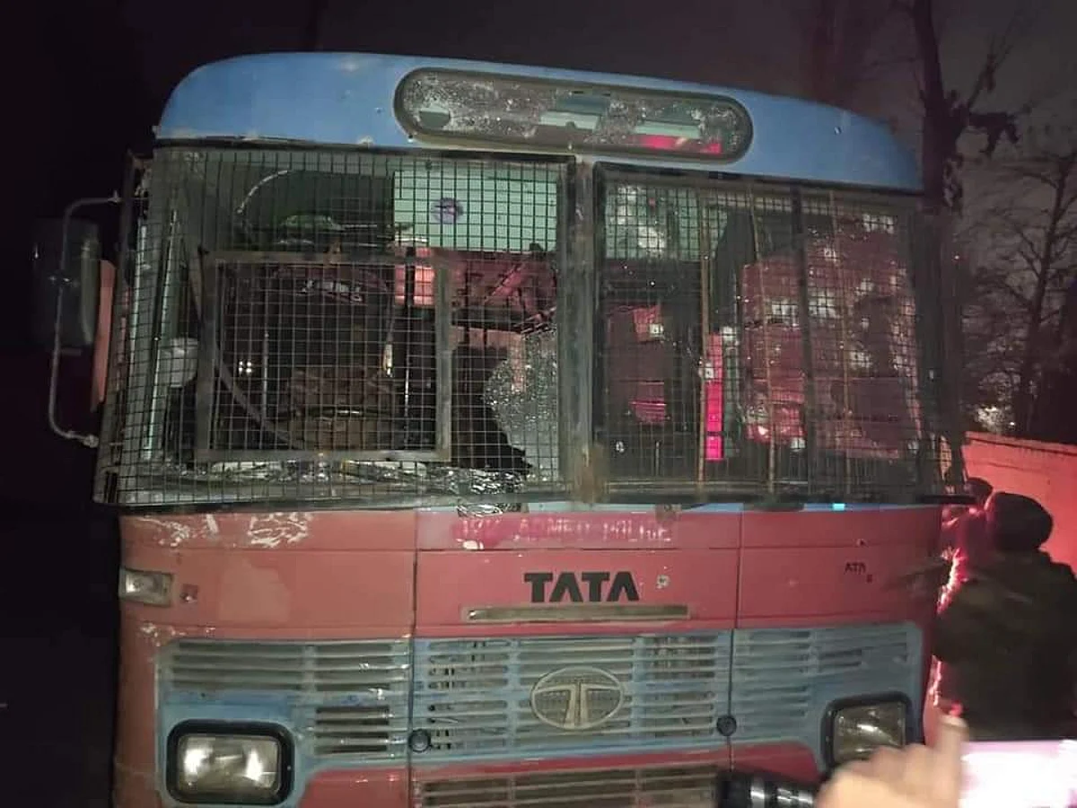 The attack took place at Aripora Zewan at around 6 pm Monday evening when the bus was returning from deployment duty from Srinagar city.