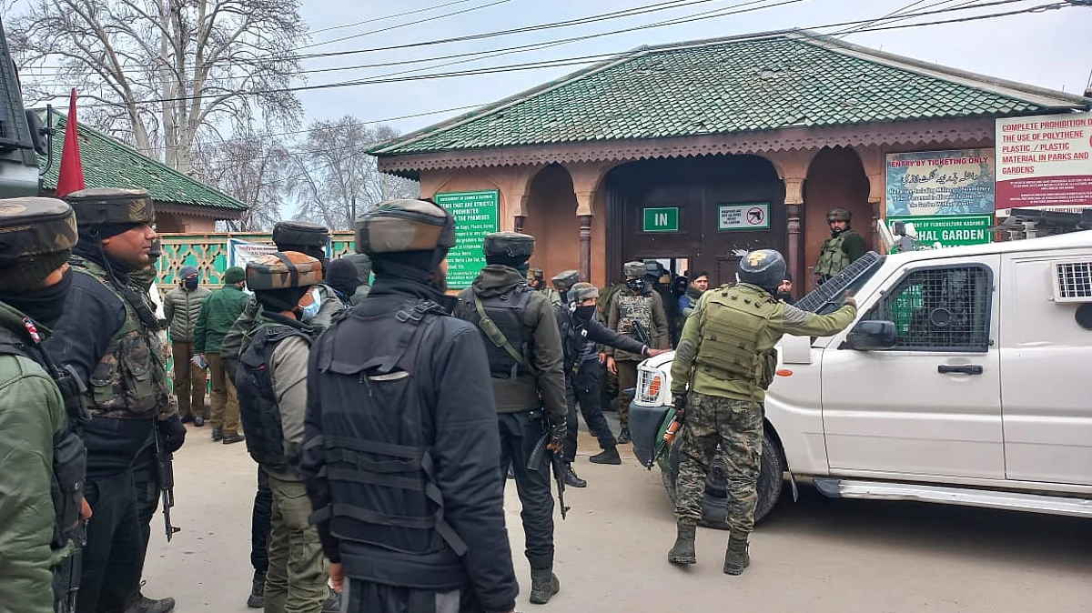 Security forces at the site of a shootout in which LeT militant Salim Parray was killed, in Shalimar area of Srinagar on Monday January 3, 2021.