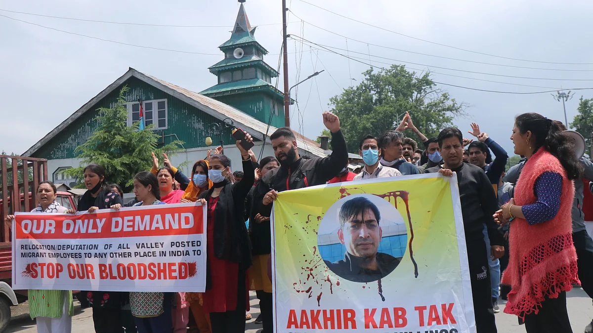 Kashmiri Pandits during a protest against the killing of a KP employee Rahul Bhat, in Srinagar on Saturday May 21, 2022.