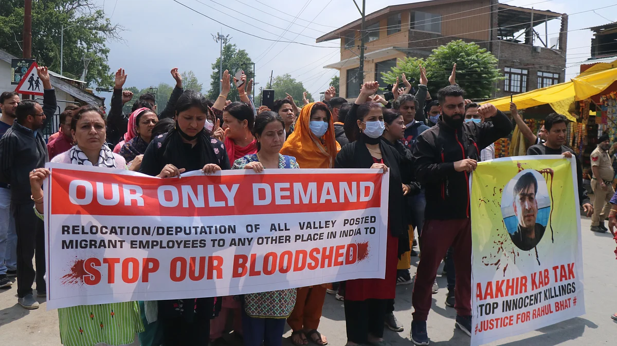 Pandits stage protest in Jammu demanding relocation of PM package employees from Kashmir
