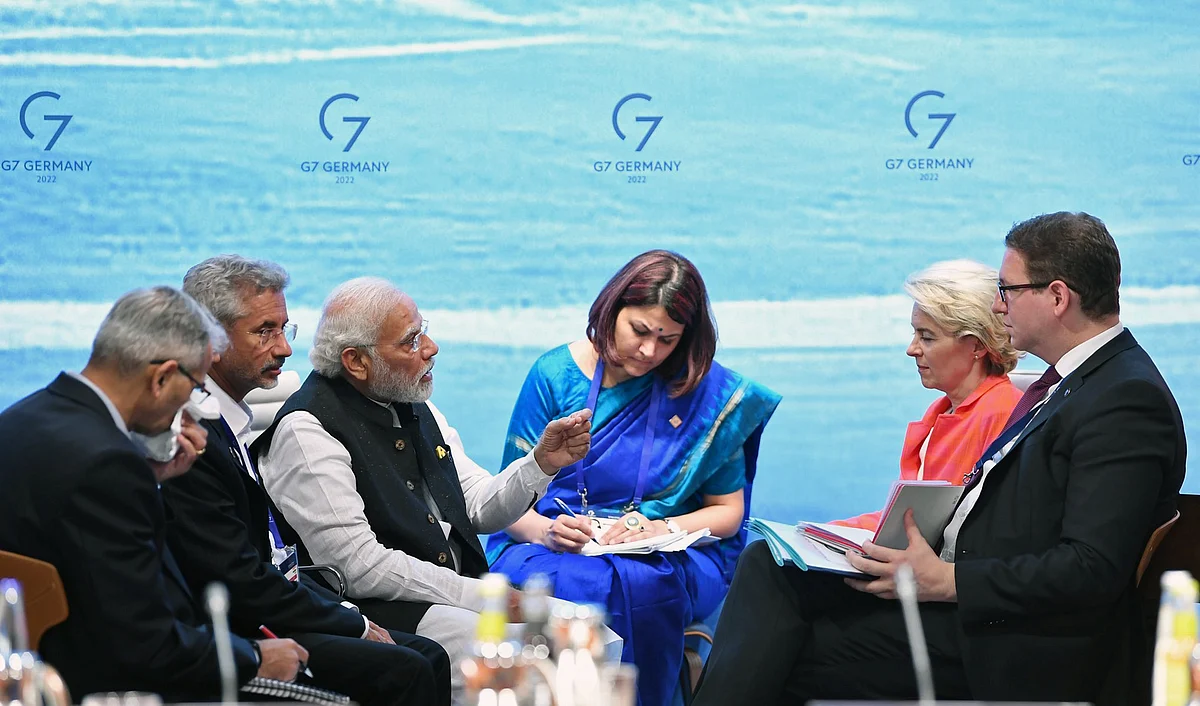 Prime Minister Narendra Modi during a meeting with European Commission President Ursula von der Leyen, in Schloss Elmau on Monday.