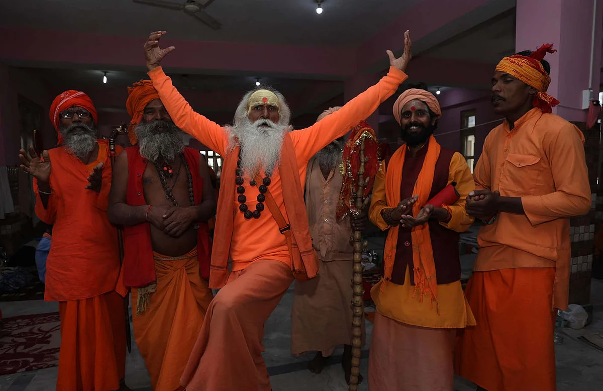 Sadhus wait at Ram Mandir Jammu to register themselves for Amarnath pilgrimage.