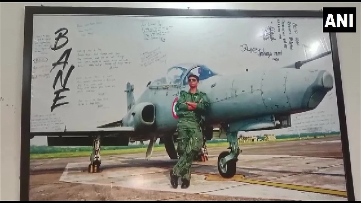 Flight Lieutenant Advitiya Bal, one of the two IAF pilots killed in a plane crash in Barmer Rajasthan on Thursday posing with a fighter aircraft in a photograph at his residence in Jammu.