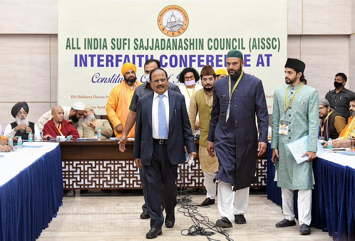 National Security Advisor (NSA) Ajit Doval with Syed Naseeruddin Chishty, Chairman, All India Sufi Sajjadanashin Council, Jain Acharya Lokesh Muni and other religious leaders at the Interfaith Conference for Communal Harmony, at Constitution Club of India, in New Delhi on Saturday.