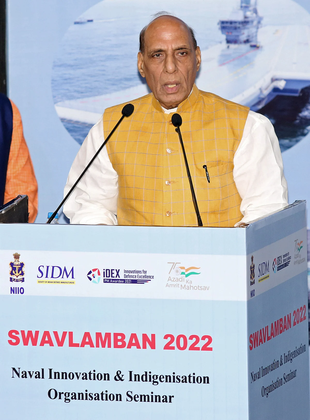 Defence Minister Rajnath Singh addresses at the Naval Innovation and Indigenisation Organisation (NIIO) Seminar ‘Swavlamban’, in New Delhi on Monday.