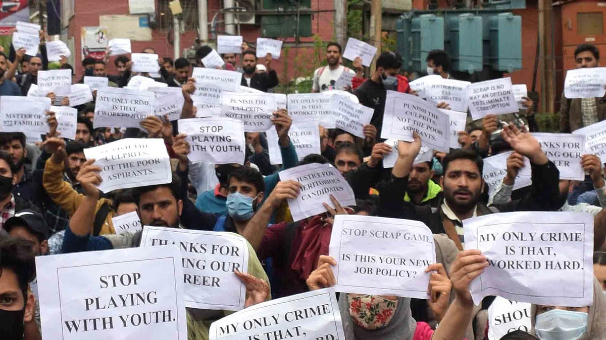 Finance Accounts Assistant aspirants during a protest against the delay in the selection list in Srinagar.