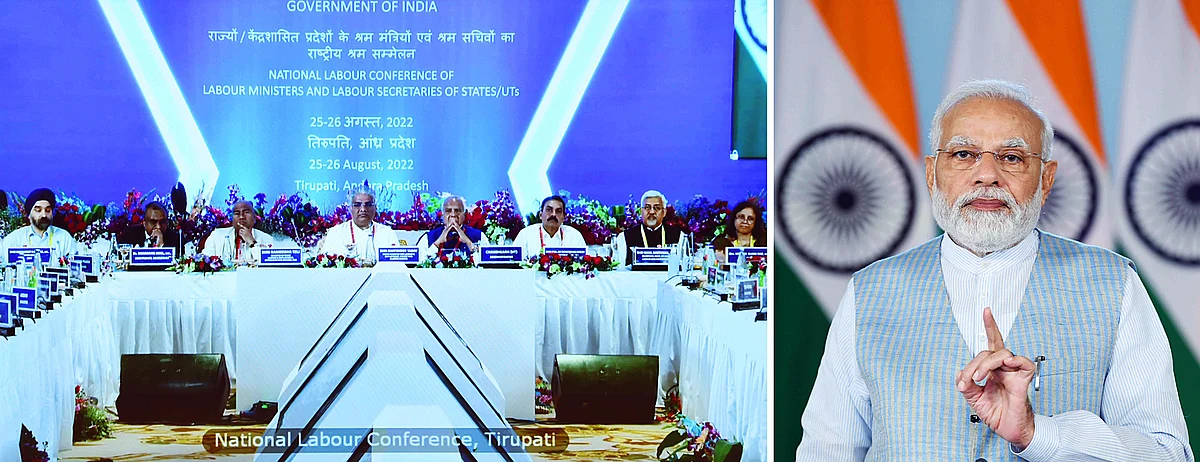 Prime Minister Narendra Modi addresses at the National Labour Conference of Labour Ministers of all States and UTs virtually from New Delhi on Thursday.
