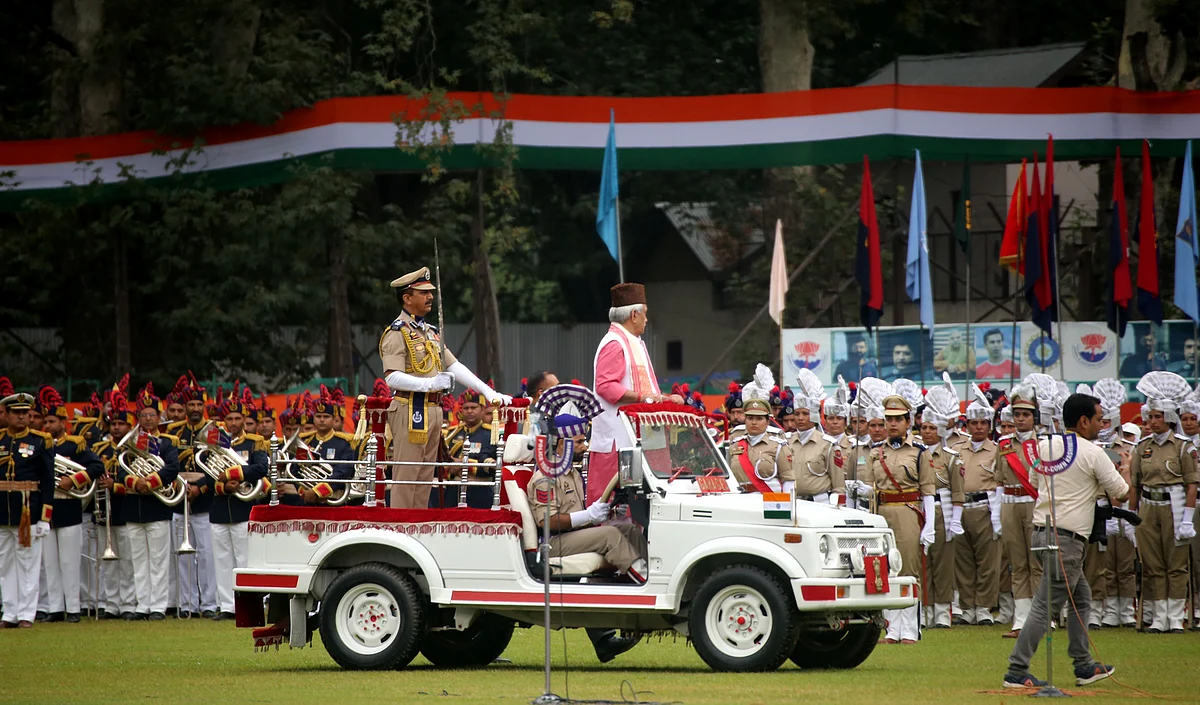 LG Manoj Sinha during the Independence Day parade ceremony at Sher-i-Kashmir Stadium in Srinagar.