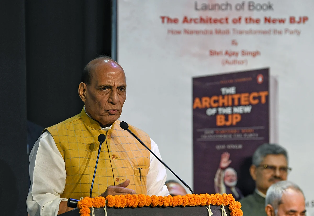 Defence Minister Rajnath Singh addresses at the book release of 'The Architect of the New BJP', at Indira Gandhi National Centre for the Arts (IGNCA), in New Delhi on Monday.