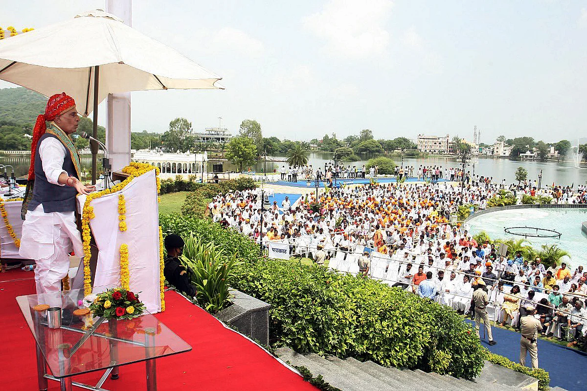 Defence Minister Rajnath Singh addresses a gathering at the unveiling ceremony of the statue of brave and courageous Panna Dhai, in Udaipur on Tuesday.
