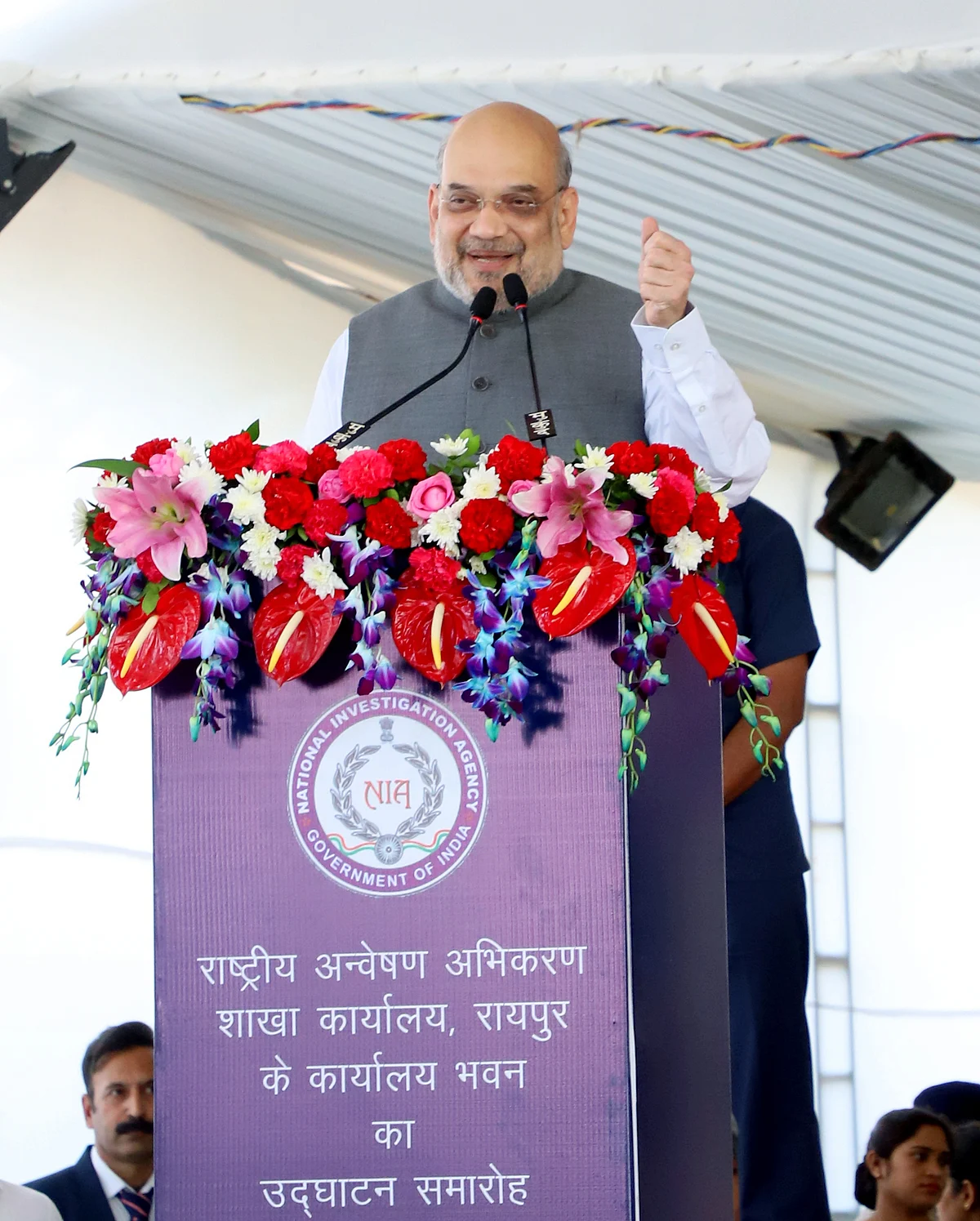 Union Home Minister Amit Shah addresses during the inauguration of the NIA office, in Raipur on Saturday.