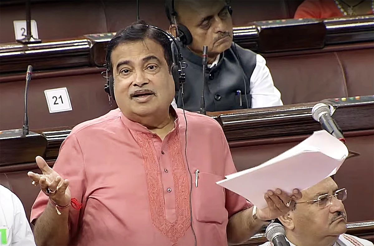 Union Minister for Road Transport and Highways Nitin Gadkari speaks in Rajya Sabha during the Monsoon Session of Parliament, in New Delhi on Wednesday.