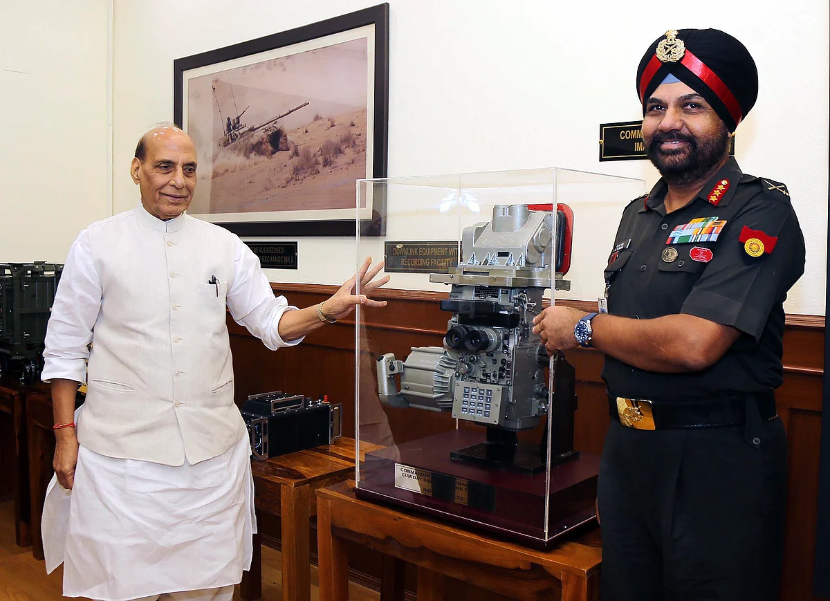 Defence Minister Rajnath Singh handing over the Indigenous Equipment to the Indian Army during an event, at the Ministry of Defence, in New Delhi on Tuesday.