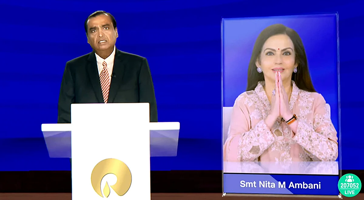 Reliance Industries Chairman Mukesh Ambani virtually addresses the 45th Annual General Meeting of Reliance Industries Limited, in Mumbai on Monday. (ANI Photo/ RIL)