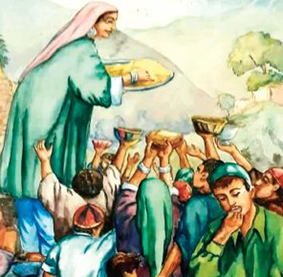 Painting depicting a woman distributing Kashmiri Taehar (cooked rice) at some Sufi site
(COURTESY KASHMIR SHADE)