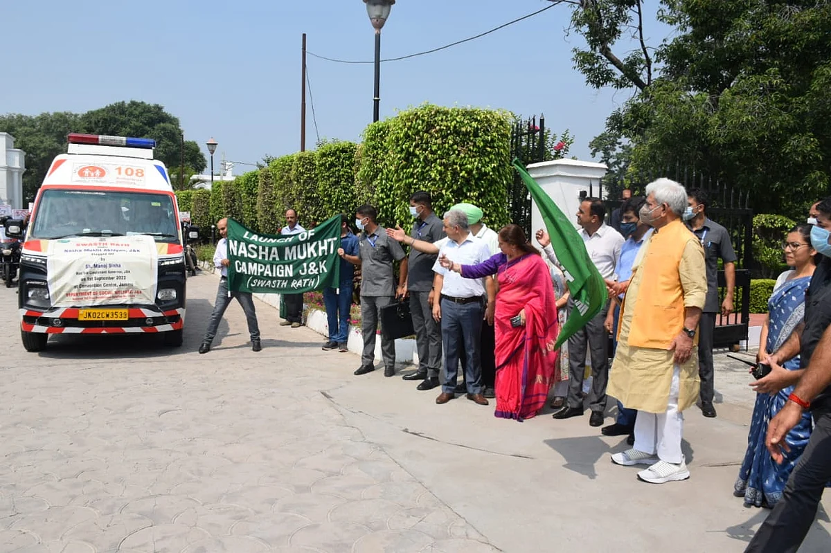 Jammu and Kashmir Lt Governor Manoj Sinha addressing people after kickstarting month-long drug de-addiction campaign in Jammu on Thursday September 1, 2022.