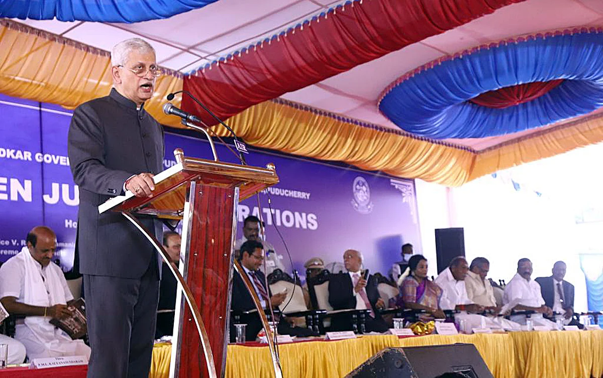 Chief Justice of India, Justice UU Lalit addressing the valedictory function of the Golden Jubilee celebrations of Dr. Ambedkar Government Law College, in Puducherry on Saturday.