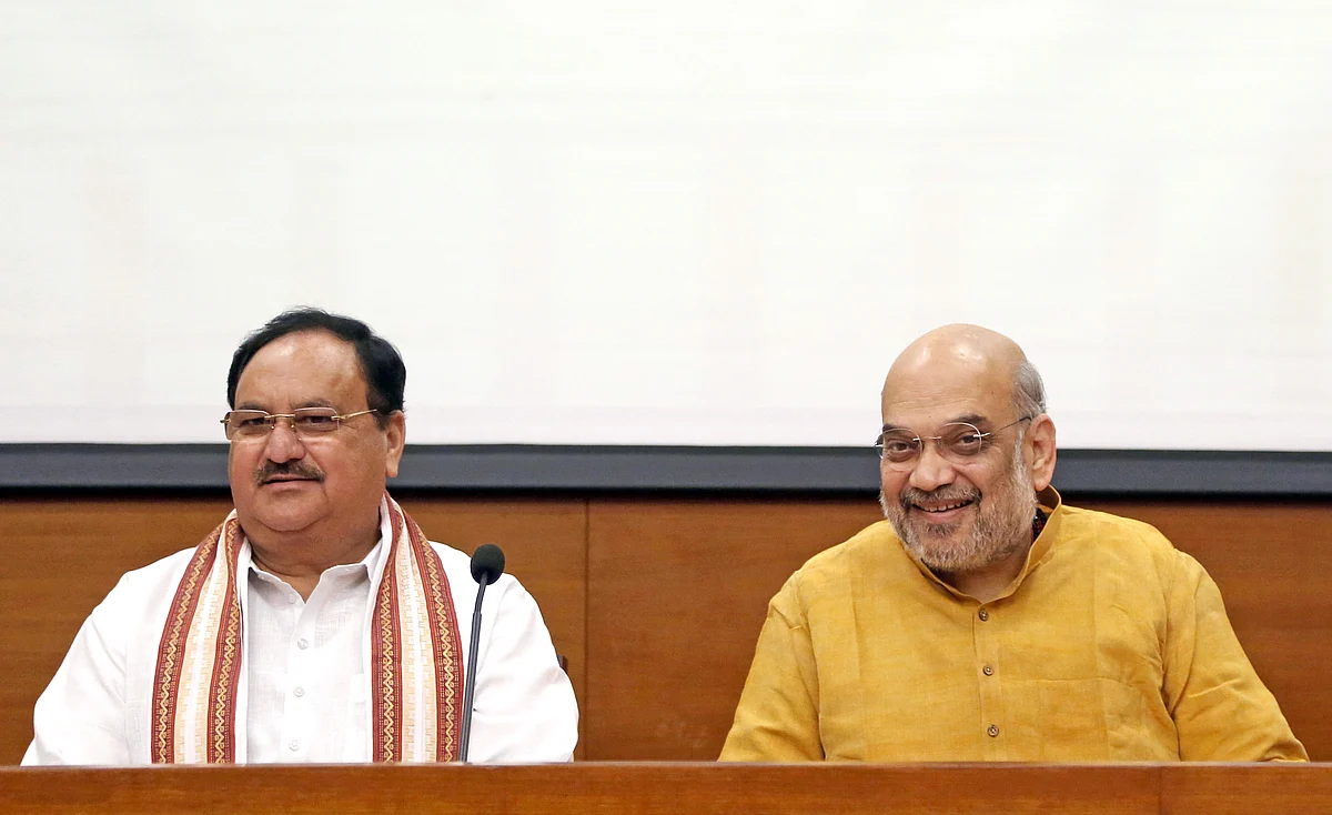 BJP National President JP Nadda and Union Home Minister Amit Shah during a party meeting, at BJP headquarters in New Delhi on Tuesday.