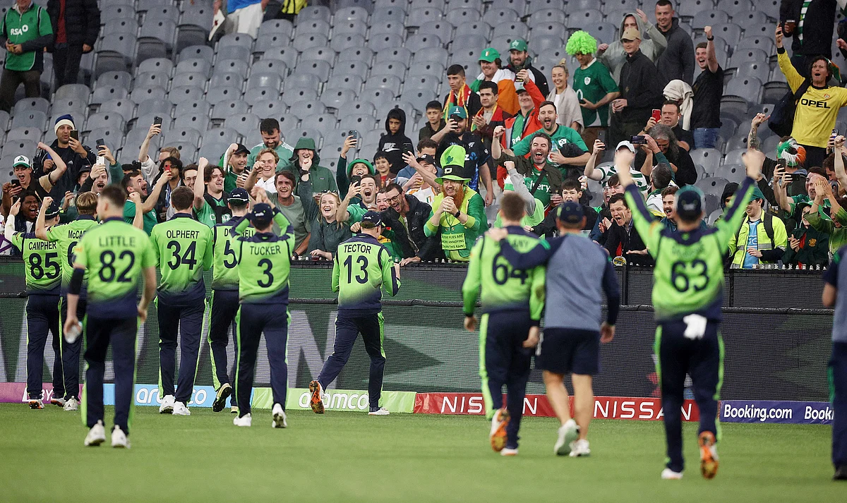 Ireland players celebrate after beating England in ICC Men's T20 World Cup 2022 match, at Melbourne Cricket Ground, in Melbourne on Wednesday.