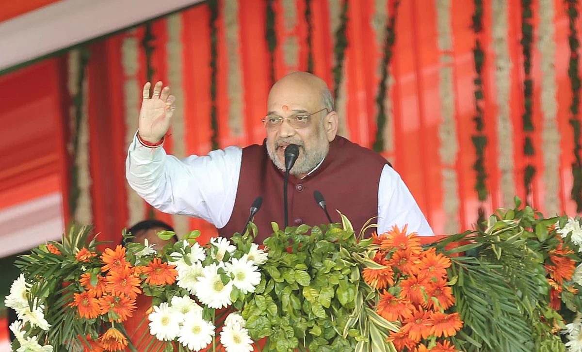Union Home Minister Amit Shah speaks during a public rally in J&K's Rajouri.