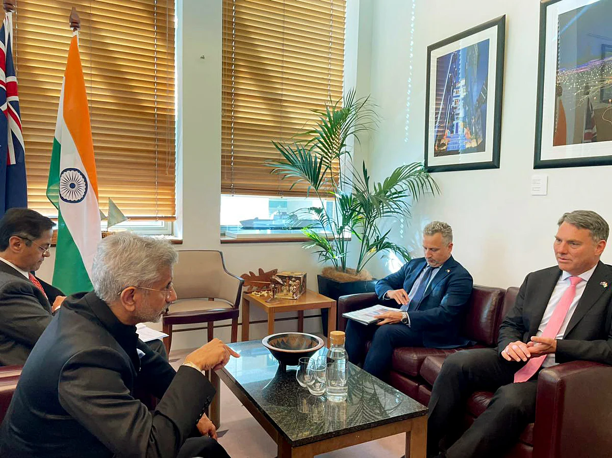 External Affairs Minister S Jaishankar meets Australian Deputy Prime Minister and Defence Minister Richard Marles, in Canberra on Monday.